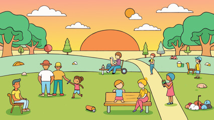 Poster - The setting sun casts long shadows across the park on Friday afternoon. People of all ages are out enjoying the warm weather some reading on benches. Cartoon Vector.