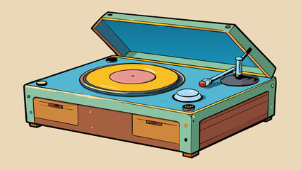 Sticker - The scratched record player once a popular form of entertainment now sat silent and unused its dull and worn exterior showing signs of previous use.. Cartoon Vector.