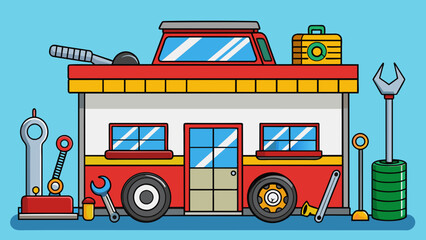 Poster - The service station offered a variety of tools and equipment providing everything a mechanic would need to fix a car.. Cartoon Vector.