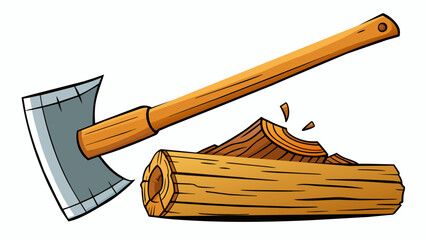 Poster - The sharp blade of the axe effortlessly split the thick log in half revealing the rough grainy texture of the wood.. Cartoon Vector.