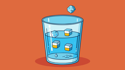 Fototapete - The second illustration depicts a glass filled halfway with water with a few ice cubes floating on the surface. The water level appears stable not. Cartoon Vector.