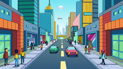 Poster - The second level takes place in a busy city street with tall skyscrs lining both sides. The pavement is clean and there are people rushing by some on. Cartoon Vector.