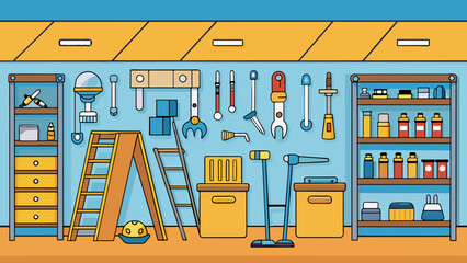 Fototapete - The shop was a hardware store its shelves lined with tools and equipment of all kinds. The walls were adorned with hanging tools and boards displaying. Cartoon Vector.