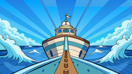 Poster - The ships bow pointed straight ahead plowing through the deep blue ocean. The rhythmic sound of the waves crashing against the sy hull created a sense. Cartoon Vector.