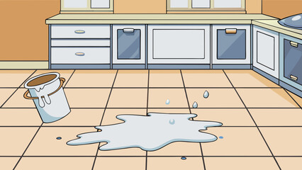 Poster - The spilled milk on the kitchen floor was caused by a careless arm knocking over the glass creating a white sticky puddle with a faint smell.. Cartoon Vector.