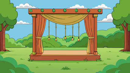 Fototapete - The stage was a small wooden platform in the middle of a grassy field. It was surrounded by tall trees and a makeshift curtain made of hanging vines.. Cartoon Vector.