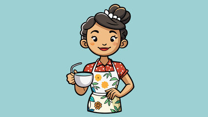 Poster - The staff member behind the counter was wearing a floral apron her hair in a messy bun. She expertly frothed milk for a latte chatting with customers. Cartoon Vector.