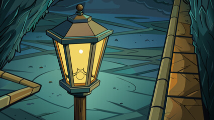 Aufkleber - The street lamp flickers in the dark night its metal frame rusted and its glass cover cracked. Despite its worn appearance its bright light still. Cartoon Vector.