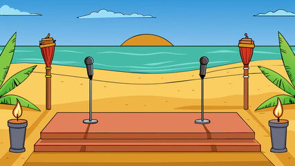 Aufkleber - The stage was set up on a sandy beach facing the wide ocean. Small tiki torches lined the edges providing a warm glow as the sun began to set. A. Cartoon Vector.