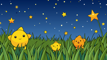 Poster - The stars began to le in the darkening sky like little diamonds tered across a velvet canvas. A lone firefly danced a the tall grass its soft glow. Cartoon Vector.