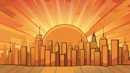 Sticker - The sunlight quickly faded behind the horizon casting a warm orange glow over the city skyline.. Cartoon Vector.