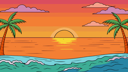 Poster - The sunset over the ocean was pictureperfect prime with a vibrant orange and pink sky that provided a stunning backdrop for the calm waves and palm. Cartoon Vector.