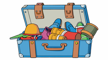 Poster - The suitcase was heavy with all the clothes and shoes packed inside making it difficult for the traveler to lift and place into the overhead. Cartoon Vector.