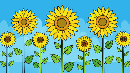 Poster - The sunflowers stood tall and proud their vibrant yellow petals reaching towards the clear blue skies of July.. Cartoon Vector.