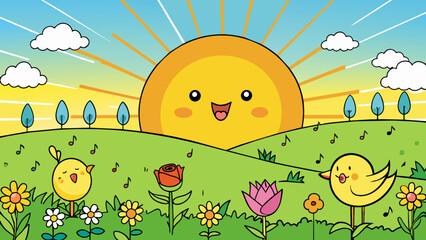 Poster - The sun slowly rises over the horizon casting a warm glow on the dewcovered grass. Birds chirp and flutter about their melodies filling the air. The. Cartoon Vector.
