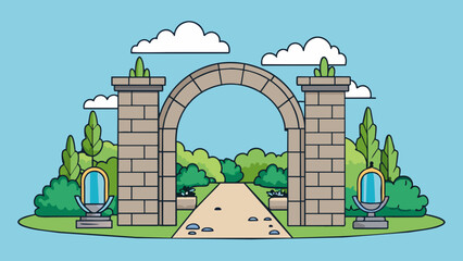 Aufkleber - The stone archway towered over the small bridge beckoning travelers to cross over into a peaceful garden oasis. Lush greenery and a trickling fountain. Cartoon Vector.