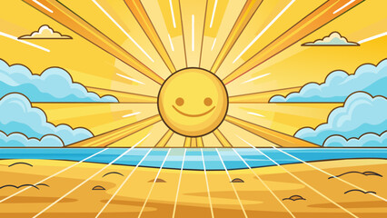 Poster - The sun beaming down the beach in warm golden light. Its bright rays are as bright as a spotlight illuminating the sand with a radiant glow.. Cartoon Vector.