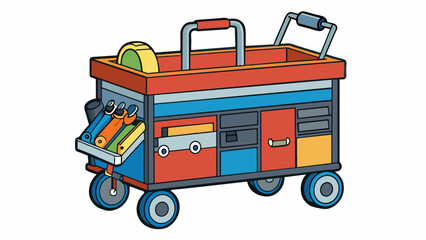 Poster - The toolbox was fully organized with different compartments for tools of various sizes. It also had a fully extendable handle and wheels for easy. Cartoon Vector.