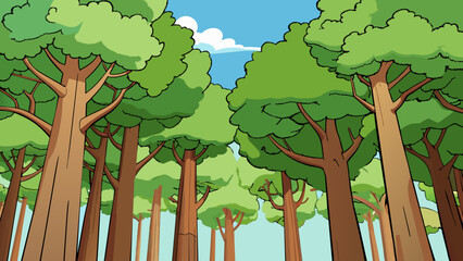 Poster - The towering trees reached up towards the sky their thick trunks and leafy branches creating a dense canopy overhead.. Cartoon Vector.
