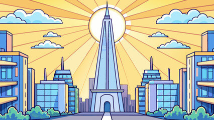 Sticker - The towering structure stood proudly in the center of the bustling city its sharp edges and smooth walls reflecting the bright sunlight. It served as. Cartoon Vector.