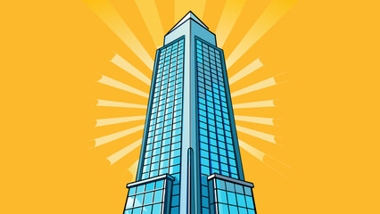 Aufkleber - The towering skyscr rose high into the sky with long rows of windows glinting in the sunlight. Its sleek and modern design gave the impression of. Cartoon Vector.