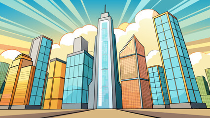 Poster - The towering skyscrs of a bustling city their glass and steel facades gleaming in the sunlight and casting shadows on the bustling streets below.. Cartoon Vector.