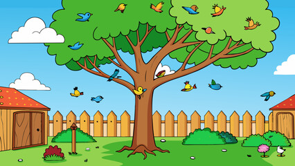 Poster - The tree in the backyard was often filled with chirping birds its branches reaching towards the bright blue sky.. Cartoon Vector.