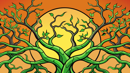 Aufkleber - The trees gnarled branches reached out in all directions their twisted forms creating a unique silhouette against the setting sun. Despite its rough. Cartoon Vector.