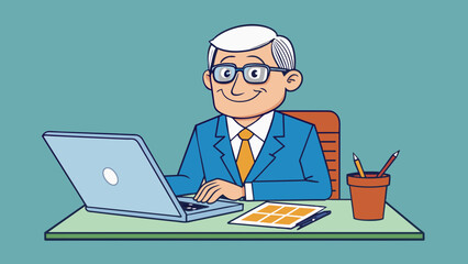 Poster - The user is a middleaged man sitting at a desk with a laptop open in front of him. He is wearing glasses and a suit and tapping his pen on the desk as. Cartoon Vector.