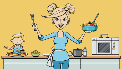 Aufkleber - The user is a busy mom in her midthirties with a phone constantly in hand. She is wearing yoga pants and a messy bun multitasking as she checks emails. Cartoon Vector.
