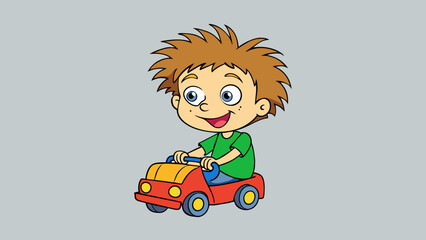 Aufkleber - The user is a young child around 5 years old with messy hair and bright eyes. They are holding a colorful toy truck and making zooming noises as they. Cartoon Vector.