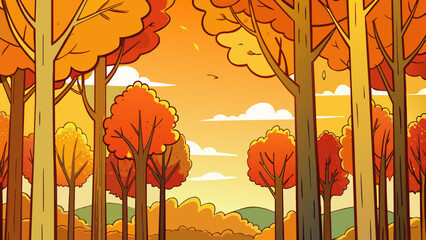 Poster - The trees stood tall in the late afternoon sun their leaves shimmering in shades of gold and red. The crisp autumn air carried the sound of rustling. Cartoon Vector.