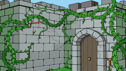 Aufkleber - Thick vines weave throughout the stone walls of the ancient castle their green leaves adding color to the otherwise grey structure. They twist up. Cartoon Vector.