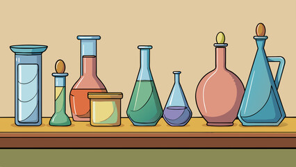 Poster - Thick and Colored The glass vessels on the shelf varied in shape and size each one tinted with a different hue and appearing almost solid in their. Cartoon Vector.