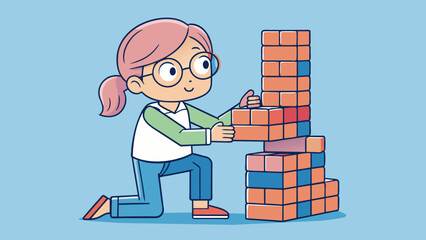 Poster - The young girl carefully stacked her blocks nearly completing her impressive tower before it came tumbling down.. Cartoon Vector.