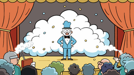 Sticker - Thick clouds of smoke fill the stage as the magician disappears into thin air leaving the audience in awe as if he never even appeared.. Cartoon Vector.