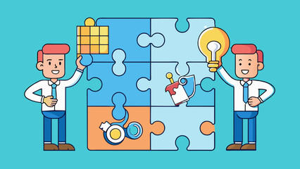 Poster - Think of a jigsaw puzzle each tiny piece representing a task or process within a project. PM is the process of connecting and fitting these pieces. Cartoon Vector.