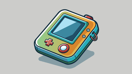 Sticker - This object is a small handheld device about the size of a smartphone. It has a rectangular body with a touchscreen display on the front. Along the. Cartoon Vector.