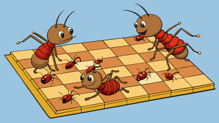Aufkleber - Tiny ants tirelessly scurry throughout the picnic blanket searching for crumbs and bits of food left behind by the humans. Their diligent movements. Cartoon Vector.
