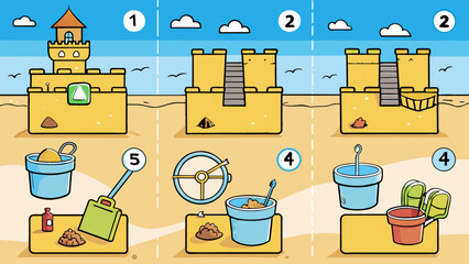 Poster - To build a sandcastle first find a spot on the beach with soft damp sand. Then gather buckets and shovels which should be made of durable plastic.. Cartoon Vector.