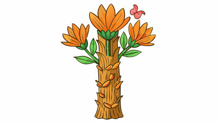 Fototapete - This plant has a thick woody trunk with rough bark covered in deep grooves and ridges. Its wide y leaves are a vibrant shade of orange almost like a. Cartoon Vector.