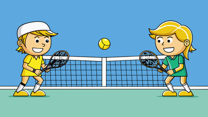 Aufkleber - Two players stand on opposite sides of a net using their rackets to hit a small yellow ball back and forth. The court is made of a hard surface with. Cartoon Vector.