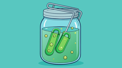 Poster - Two metal paper clips submerged in a jar of vinegar resulting in bubbles forming on the surface of the clips and the liquid turning a pale green. Cartoon Vector.
