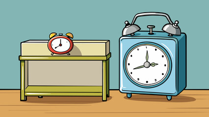 Aufkleber - Typically a metallic rectangular box sits on a bedside table. It has a small round dial on one side and a handle on the other allowing the user to set. Cartoon Vector.