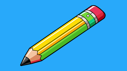 Poster - Two wooden pencils Both pencils have a long slender body with a sharp tip at one end and a pink eraser at the other. One is a plain yellow color while. Cartoon Vector.