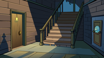 Poster - Under the stairs A narrow and dimly lit space tucked away beneath a staircase. Shadows dance on the walls and the air feels still and musty with the. Cartoon Vector.