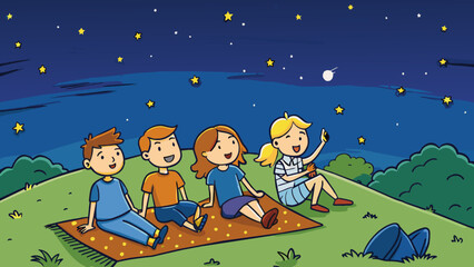 Poster - Under the stars On a warm summer night a group of friends lay on a blanket gazing up at the starry sky. The stars le and shine creating an. Cartoon Vector.