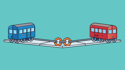 Aufkleber - Two train cars are linked together by a heavy metal coupling allowing them to travel as one unit on the railroad tracks. The coupling is securely. Cartoon Vector.