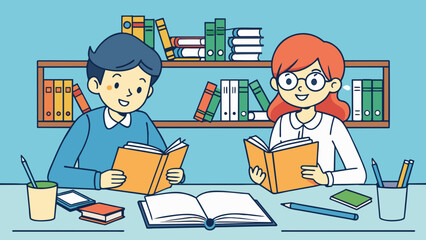 Aufkleber - Two students studying together in a quiet library their textbooks and notes spread out on the table. They discuss their notes quiz each other and. Cartoon Vector.