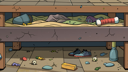 Poster - Under the bed A dark and dusty space filled with miscellaneous items. Old shoes forgotten toys and piles of clothes litter the floor. Cobwebs cling to. Cartoon Vector.